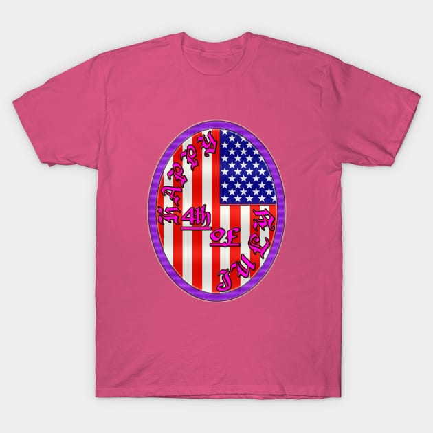 Happy 4th of July Flag Design - Fourth of July US American Flag Pendent Emblem - Purple Ring, Pink Letters T-Shirt by CDC Gold Designs